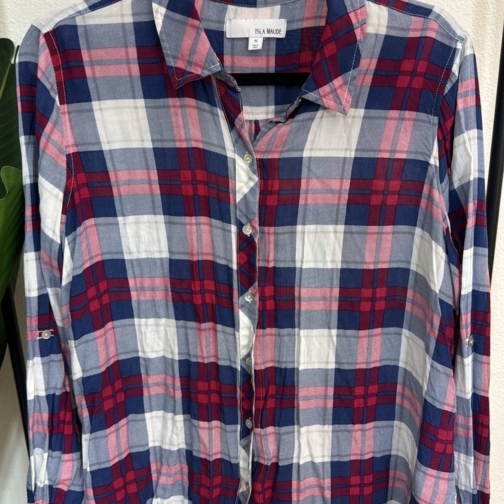 Isla Maude Plaid Surplice V-Neck Long Sleeve Top Multicolor XL - Picture 6 of 7